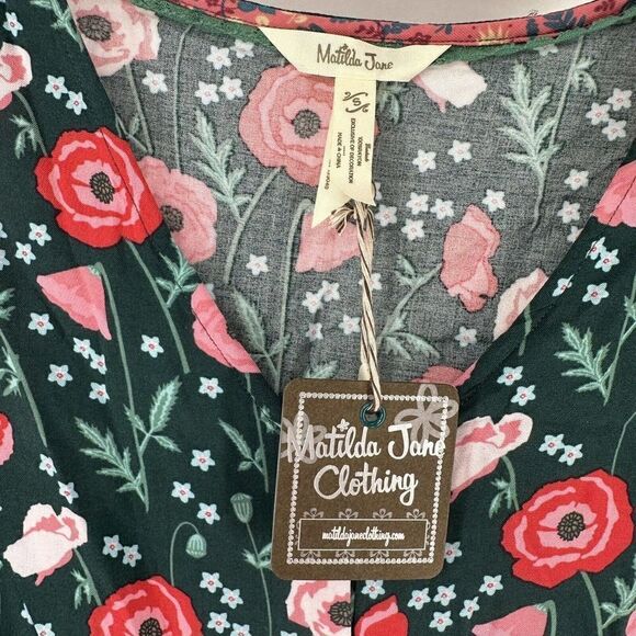 Matilda Jane Top Size S Green Floral Long Sleeve V Neck Yester Year Preppy Rose - Picture 6 of 7
